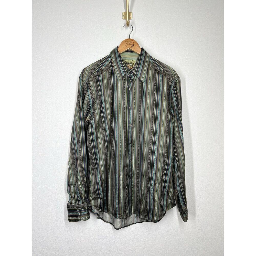 Robert Graham Striped Embroidered Shirt Large Button Front Long Sleeves Green